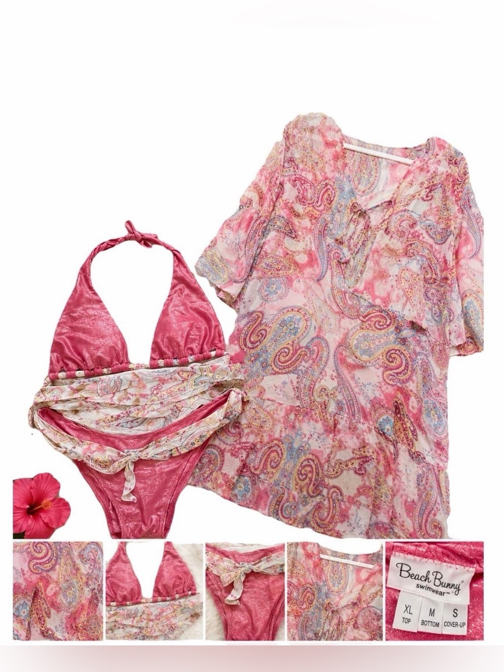 Rare Beach Bunny Sweetest Sin Bikini Set + Matching Cover Up XL/M/S